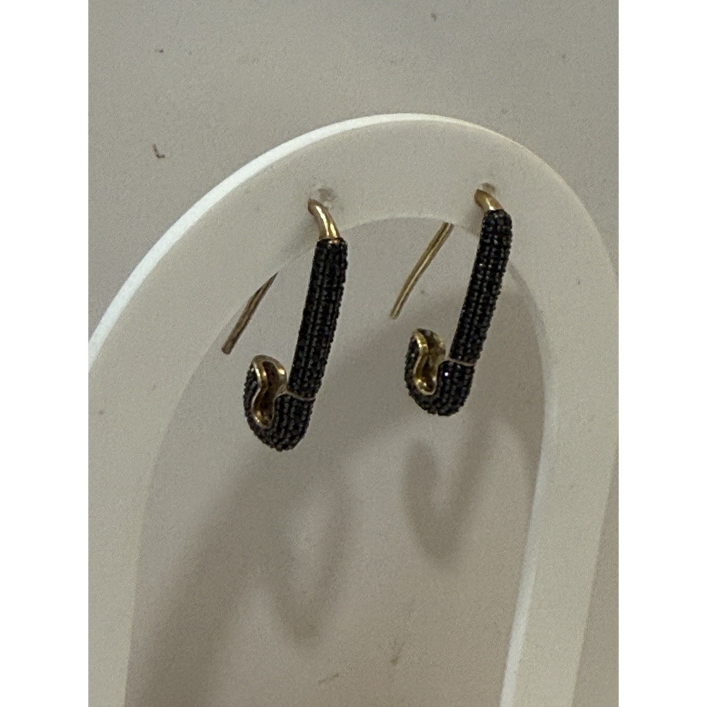 WR Sterling Silver 925 & 18k Yellow Gold Earrings Safety Pin Black Onyx Signed